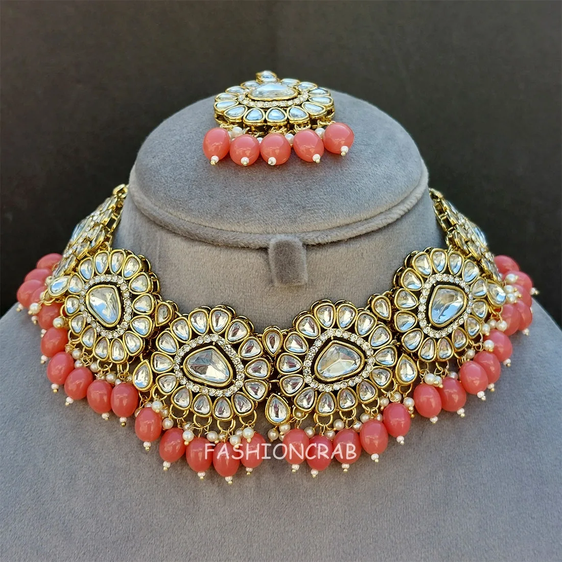 Monika Pearl Necklace and Earring Set - Peach