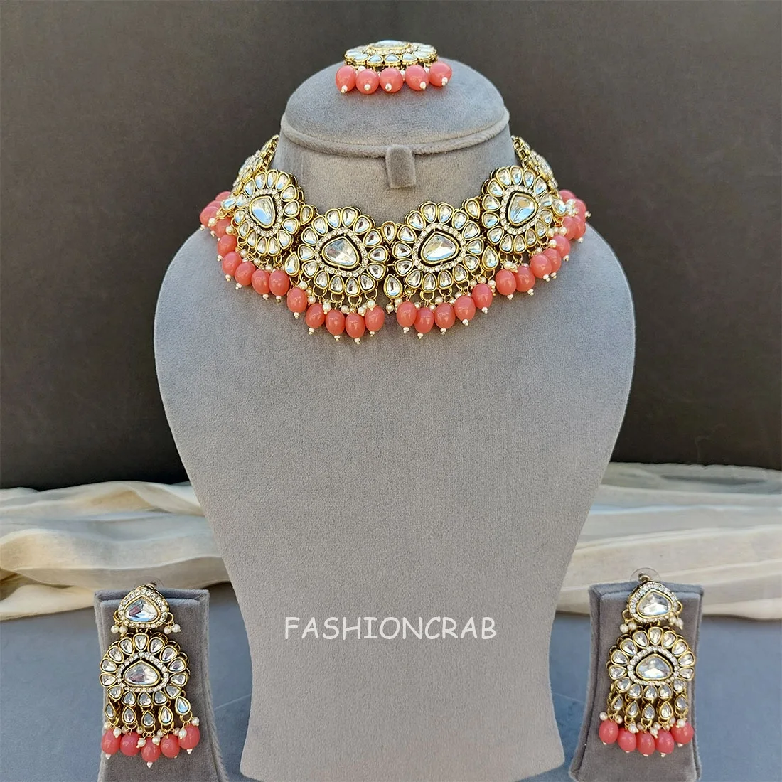 Monika Pearl Necklace and Earring Set - Peach