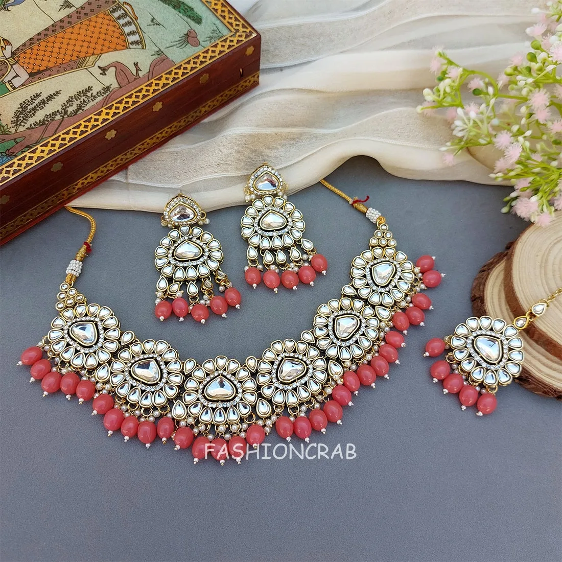 Monika Pearl Necklace and Earring Set - Peach