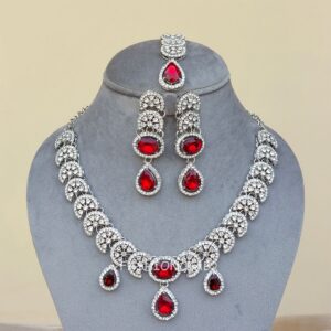 Nimisha American Diamond Necklace Set - Red