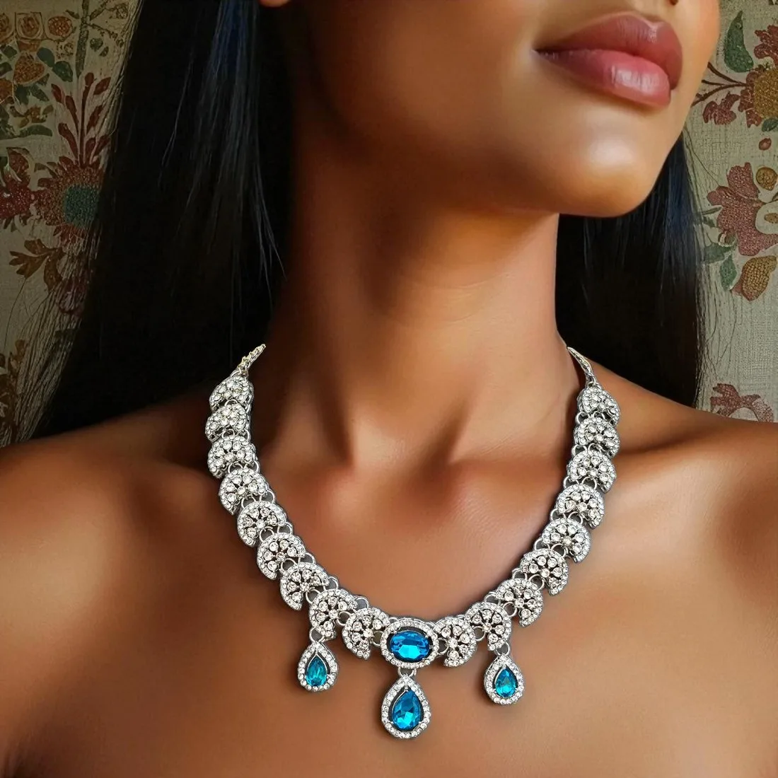 Nimisha Blue American Diamond Necklace Set