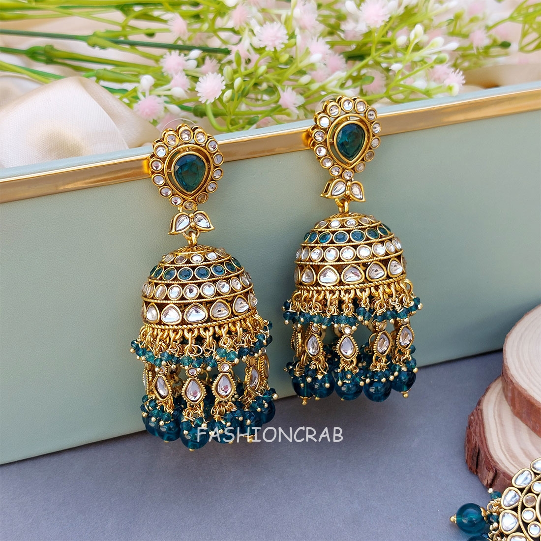 Nysa Kundan Maangtikka with Earrings Peacock Blue