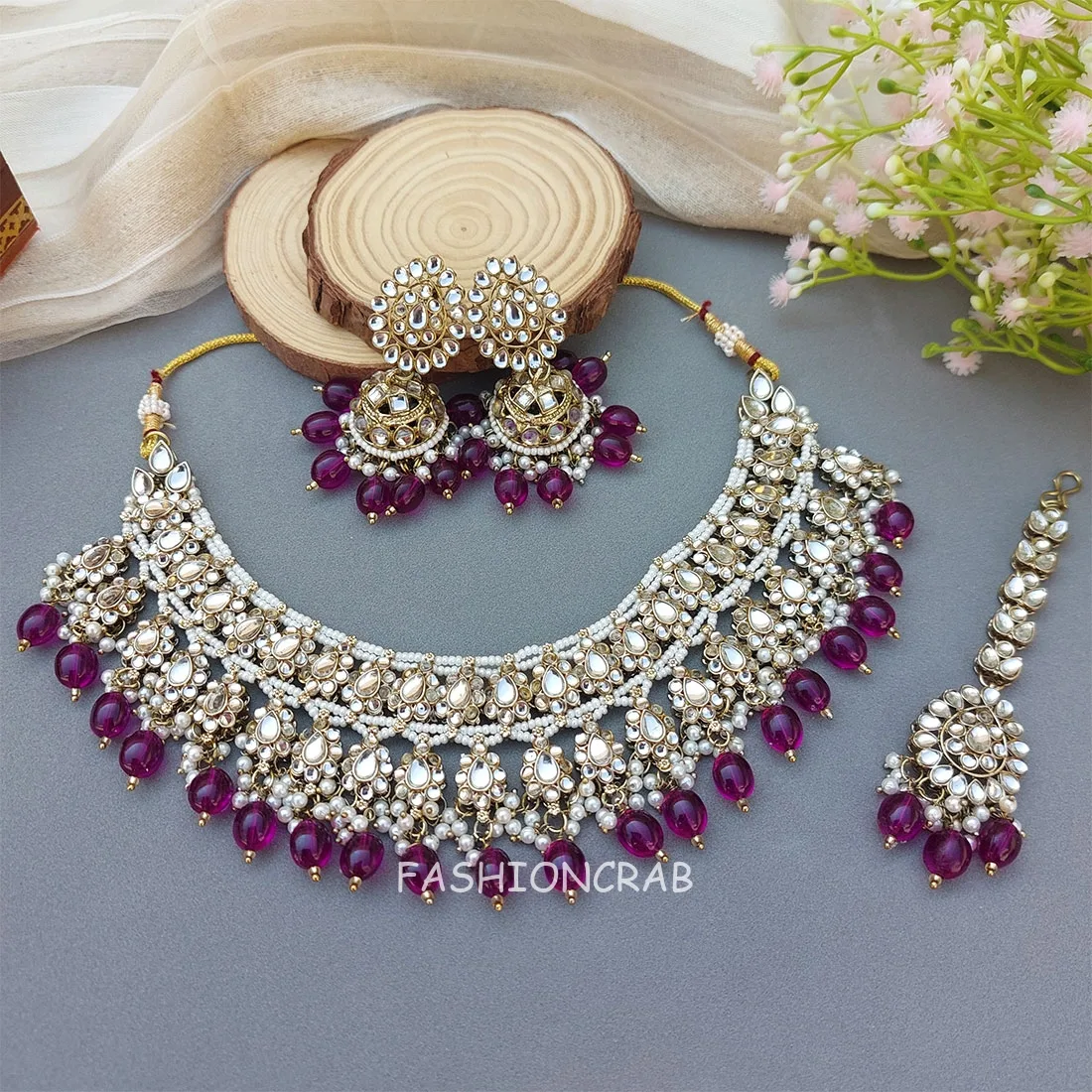 Purple Color Bridal Kundan Jewellery Set