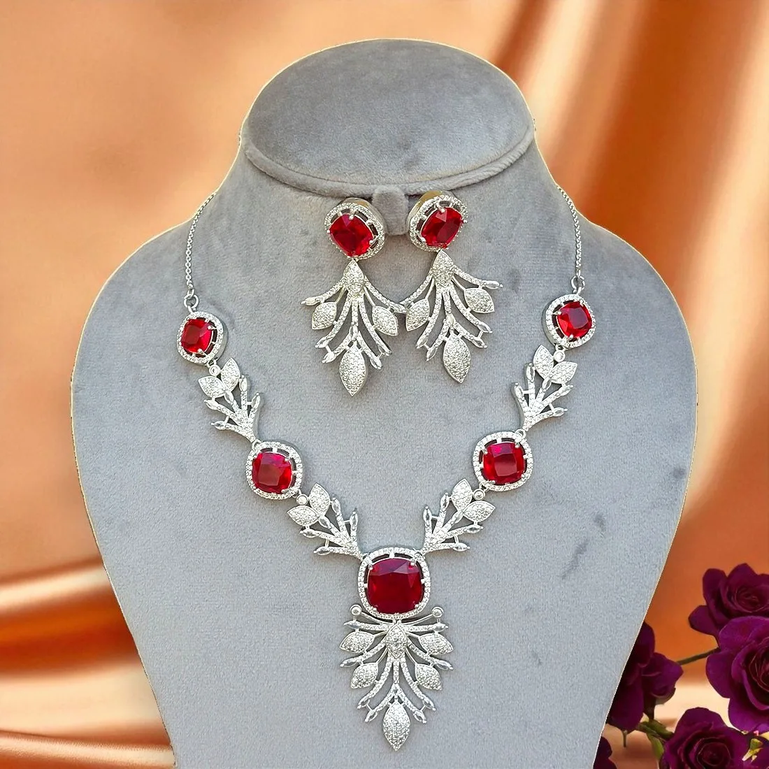 Radhika Red AD Jewellery Set