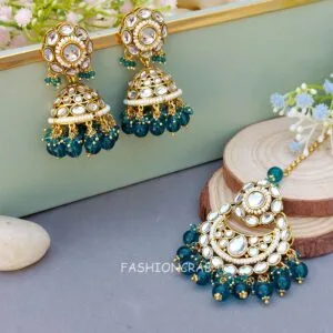 Rihanna Maangtikka with Earrings - Peacock Blue