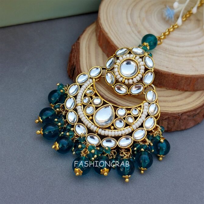 Rihanna Maangtikka with Earrings - Peacock Blue