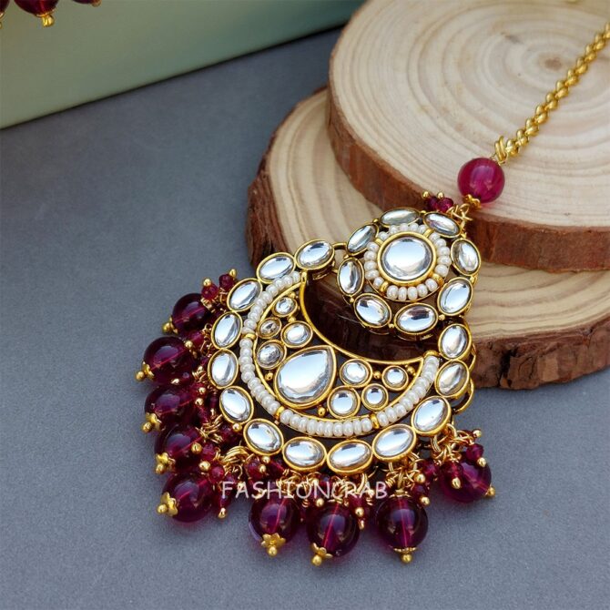Rihanna Maangtikka with Earrings - Wine