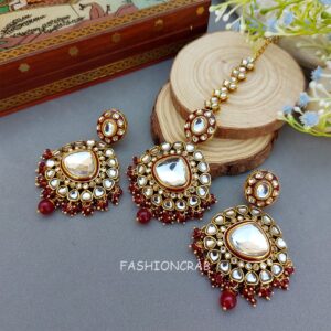 Shehnaz Maangtikka with Earrings - Maroon