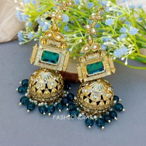 Sophia Big Kundan Jhumka - Peacock Blue