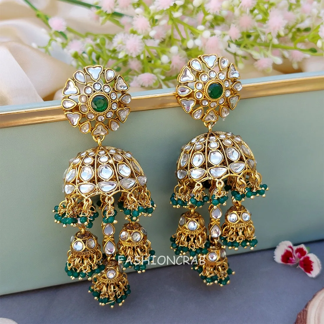 Zoya Earrings and Maangtikka Set - Peacock Green