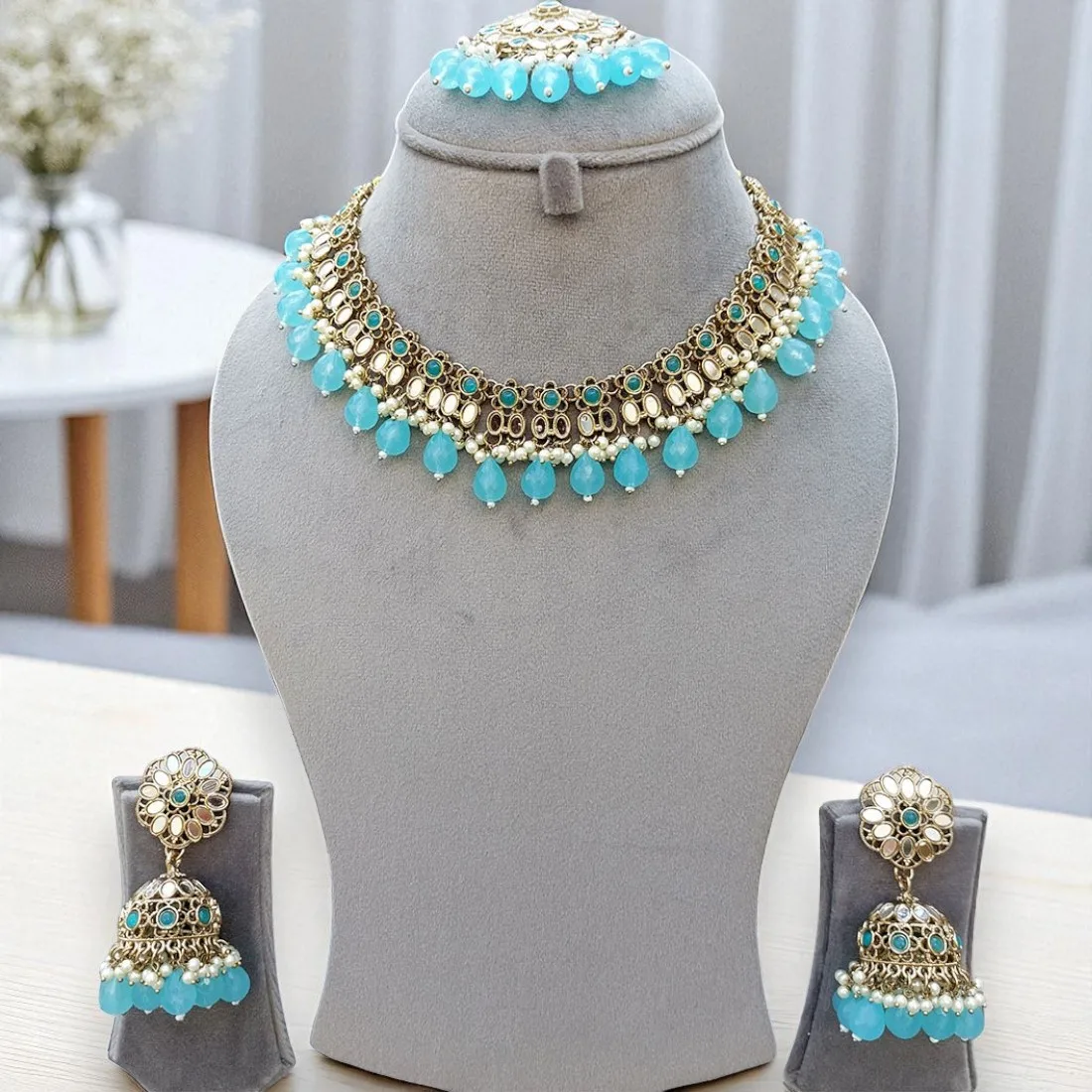 Katyayani Mirror Jewellery Set - Light Blue