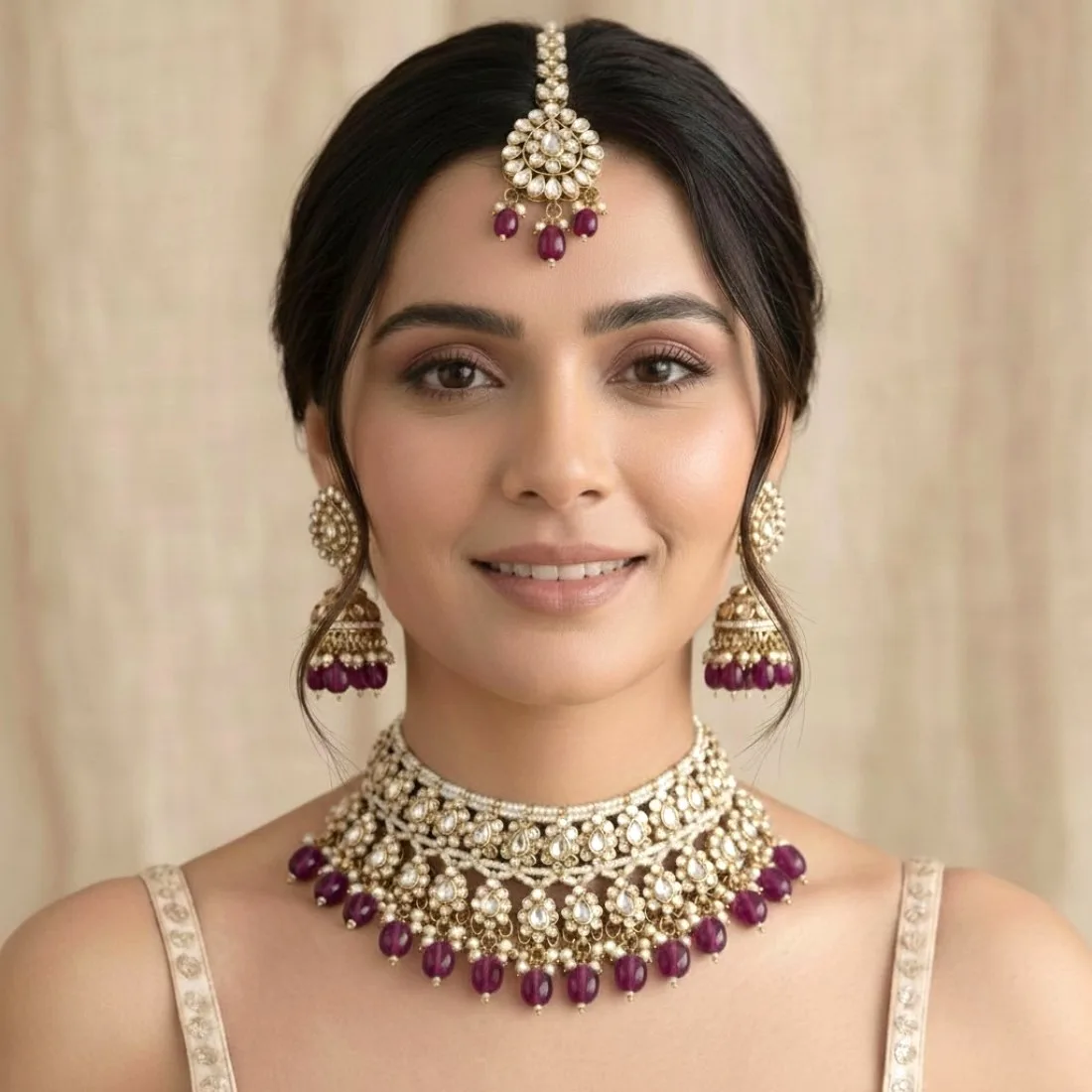 Purple Color Bridal Kundan Jewellery Set