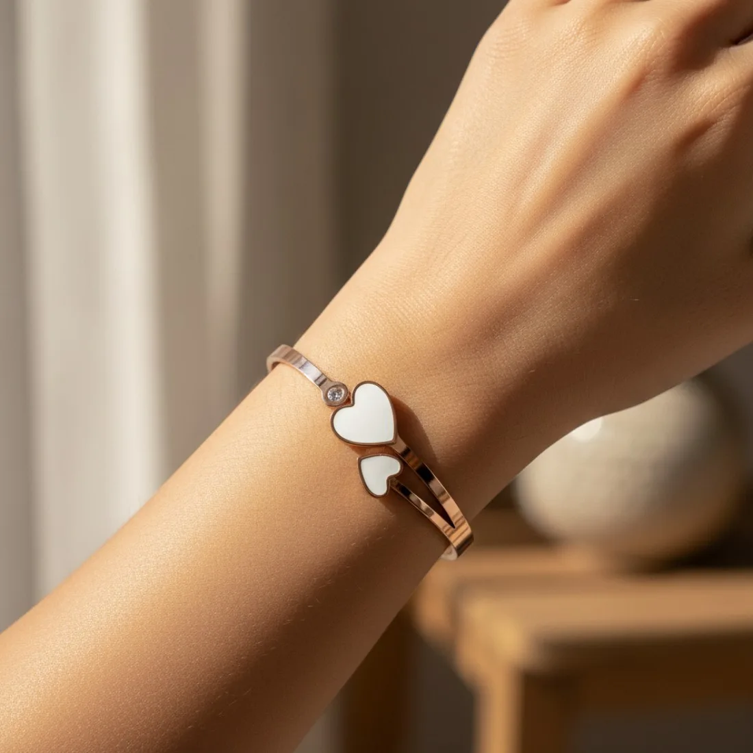 White Heart Anti Tarnish Bracelet - Rose Gold