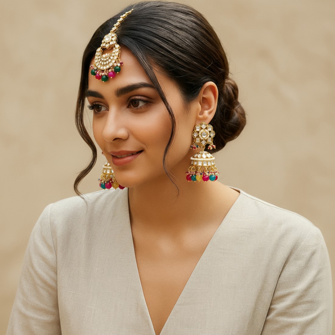 Nafisa Earrings and Maangtikka Set - Multicolor