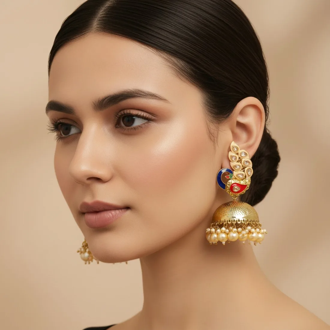 Peacock Jhumka Earrings - Peach