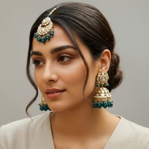 Rihanna Maangtikka with Earrings - Peacock Blue