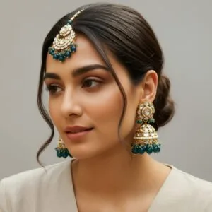 Rihanna Maangtikka with Earrings - Peacock Blue