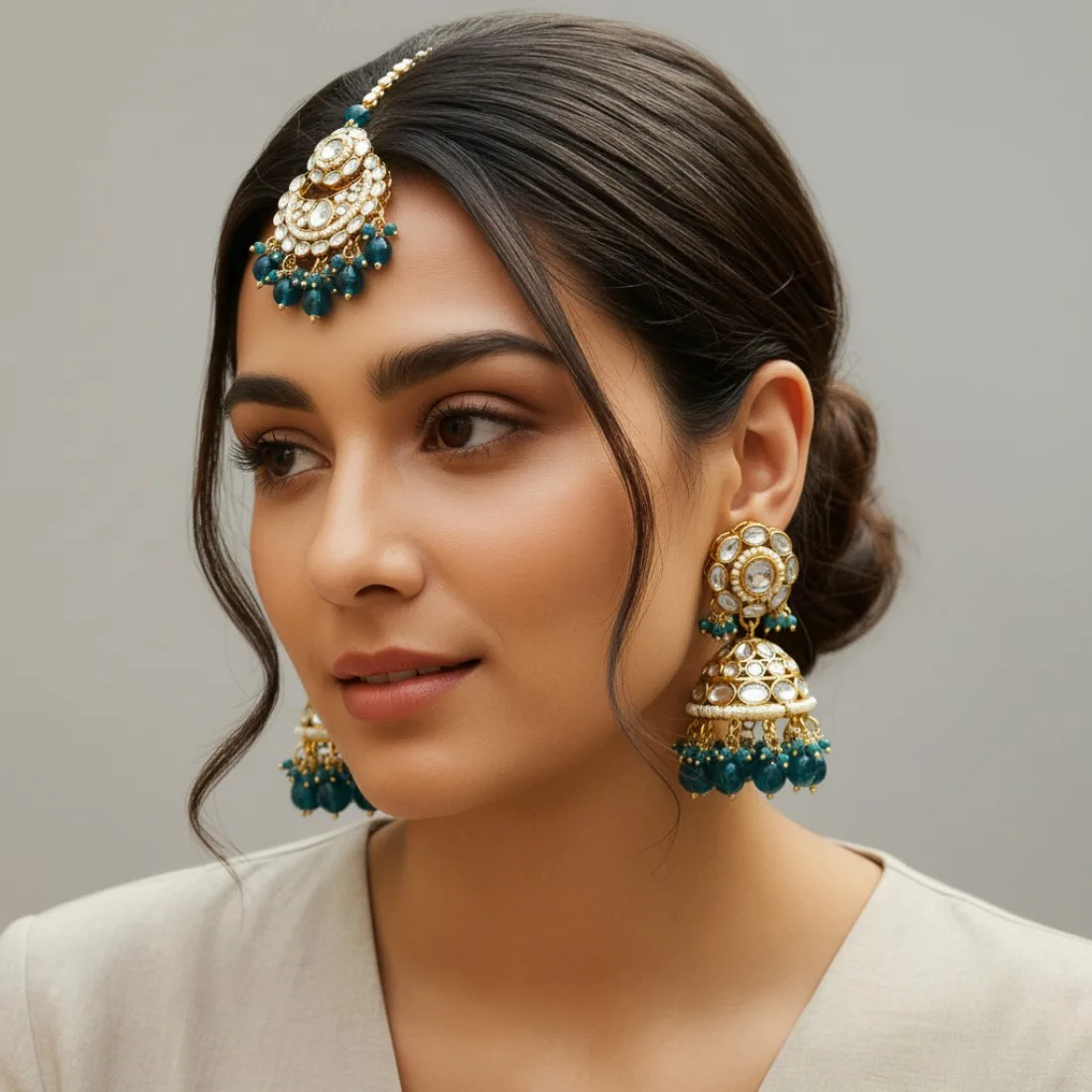 Rihanna Maangtikka with Earrings - Peacock Blue