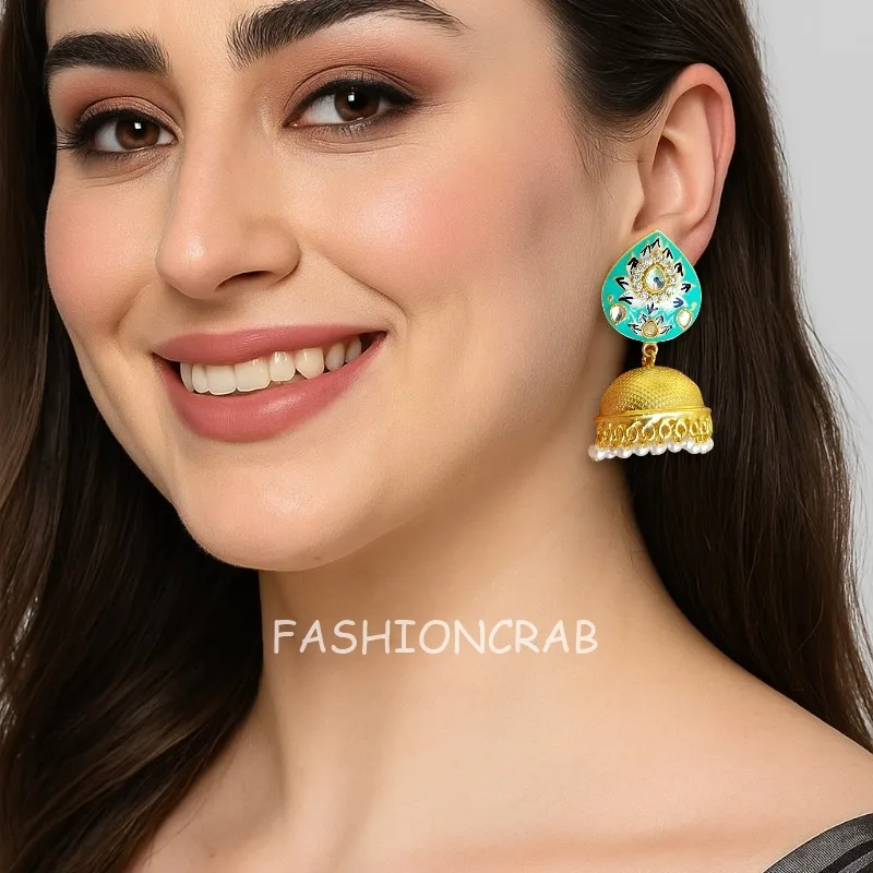 Alia Mint Green Meenakari Jhumka Earrings