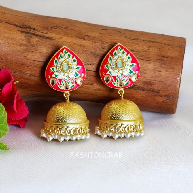 Alia Pink Meenakari Jhumka Earrings-02 Alia Pink Meenakari Jhumka Earrings
