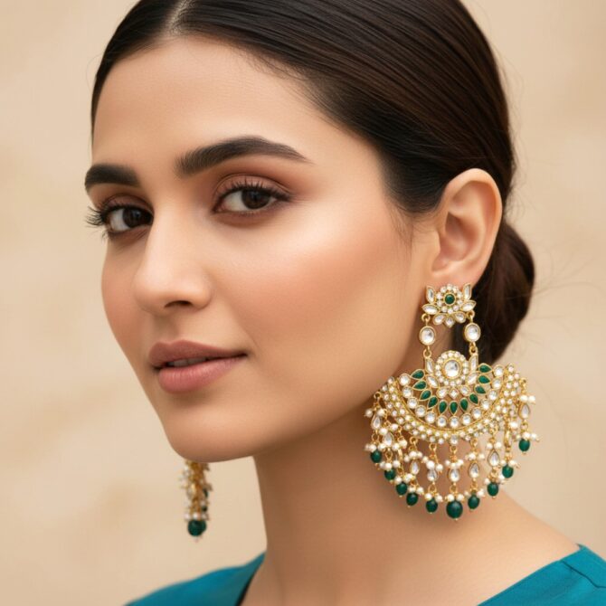 Meera Chandbali Earrings - Green-04 Meera Chandbali Earrings - Green
