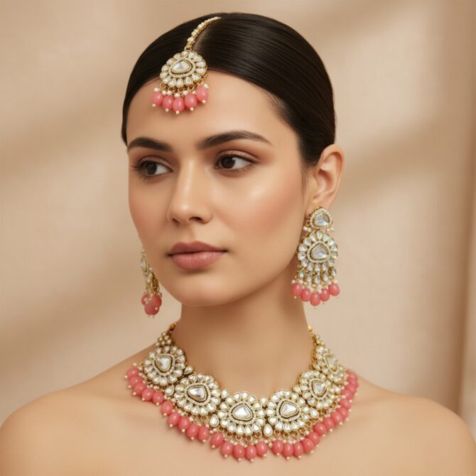 Monika Pearl Necklace and Earring Set - Peach-06