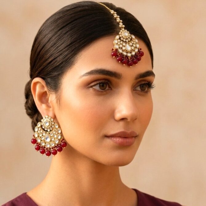 Reyhana Maangtikka with Earrings - Maroon-04 Reyhana Maangtikka with Earrings - Maroon