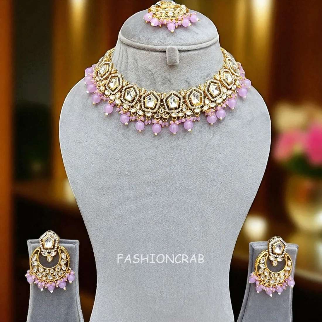 Sana Kundan Necklace Set - Lavender
