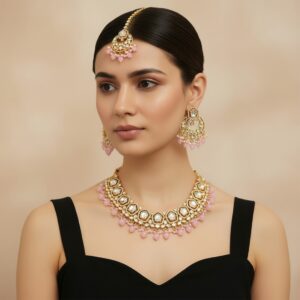 Sana Kundan Necklace Set Pink