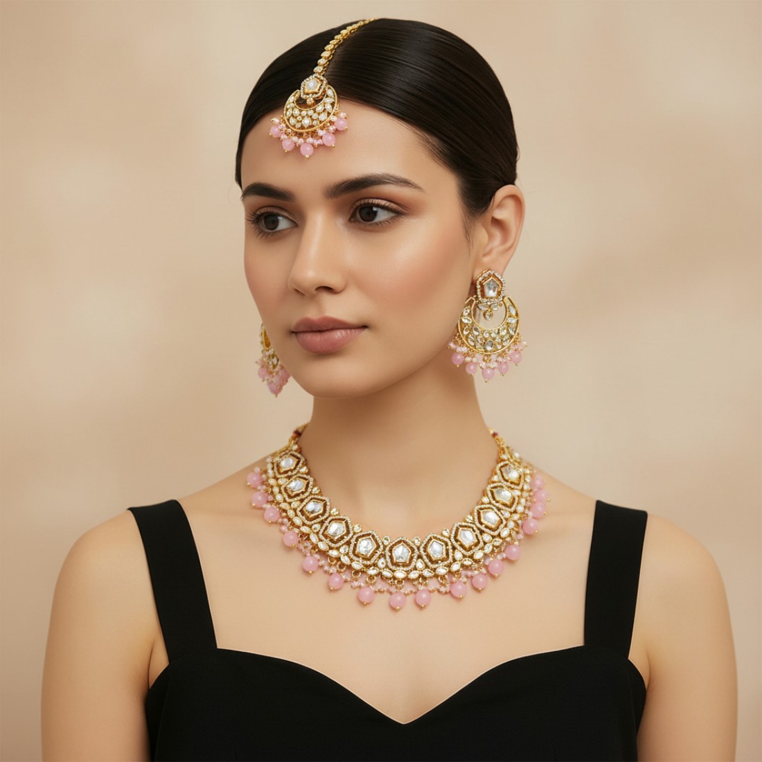 Sana Kundan Necklace Set Pink