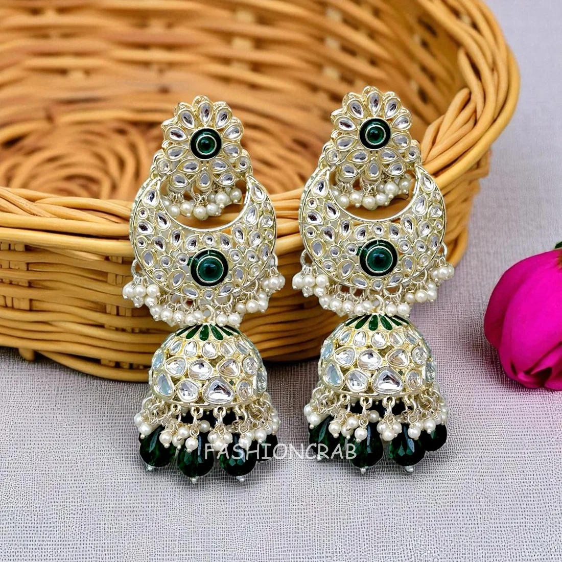 Soundarya Kundan Jhumka Earrings - Green