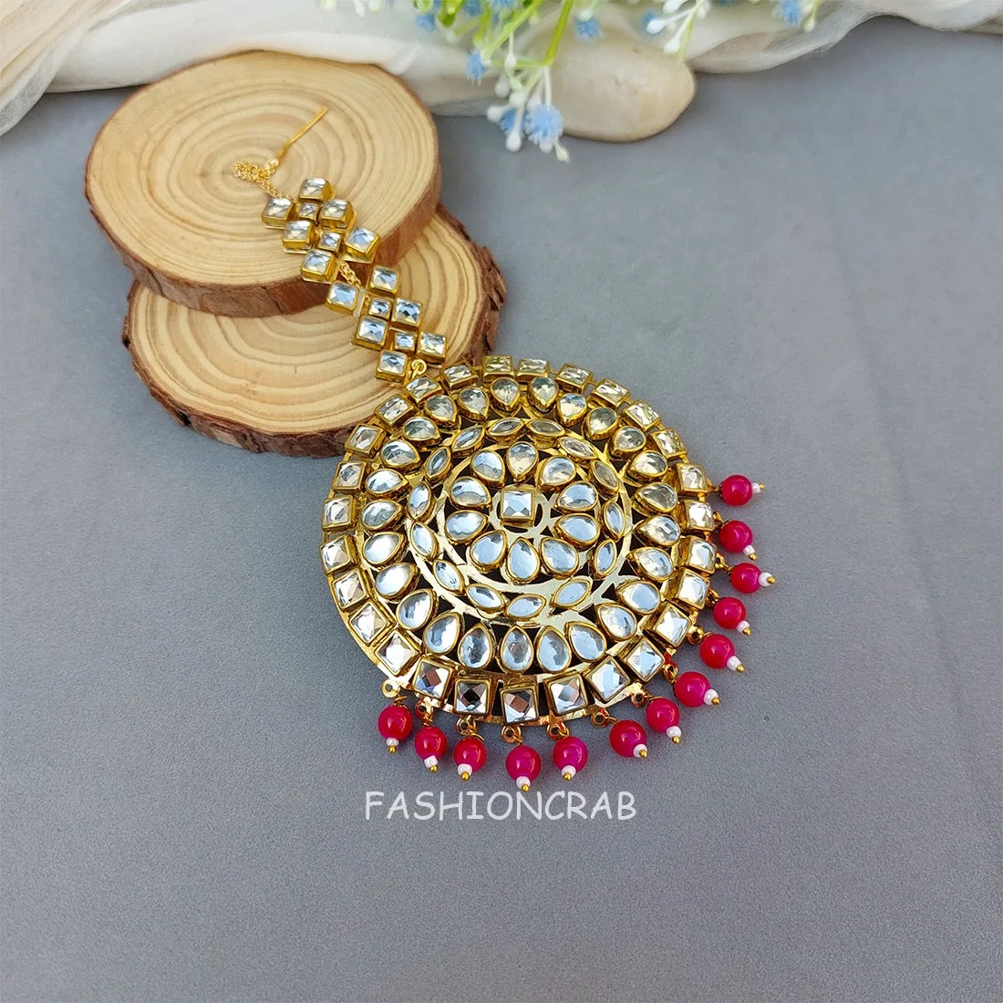 Traditional Punjabi Big Maang Tikka - Pink