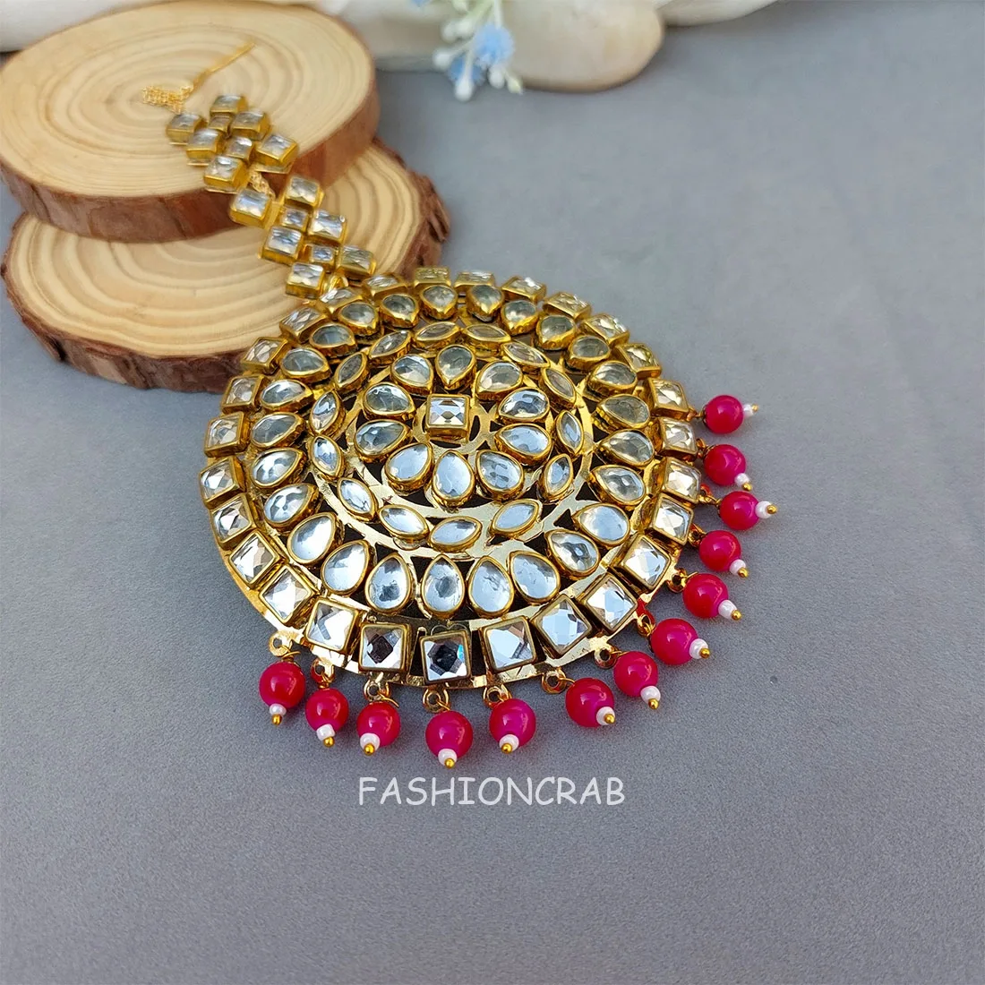 Traditional Punjabi Big Maang Tikka - Pink