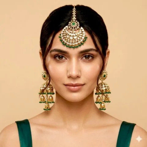 Zoya Earrings and Maangtikka Set - Peacock Green