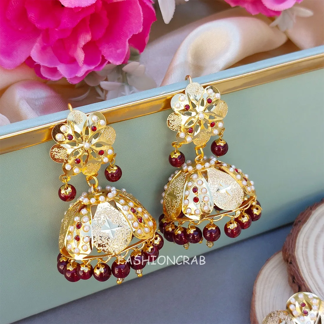 Jividha Jadau Earrings Maroon