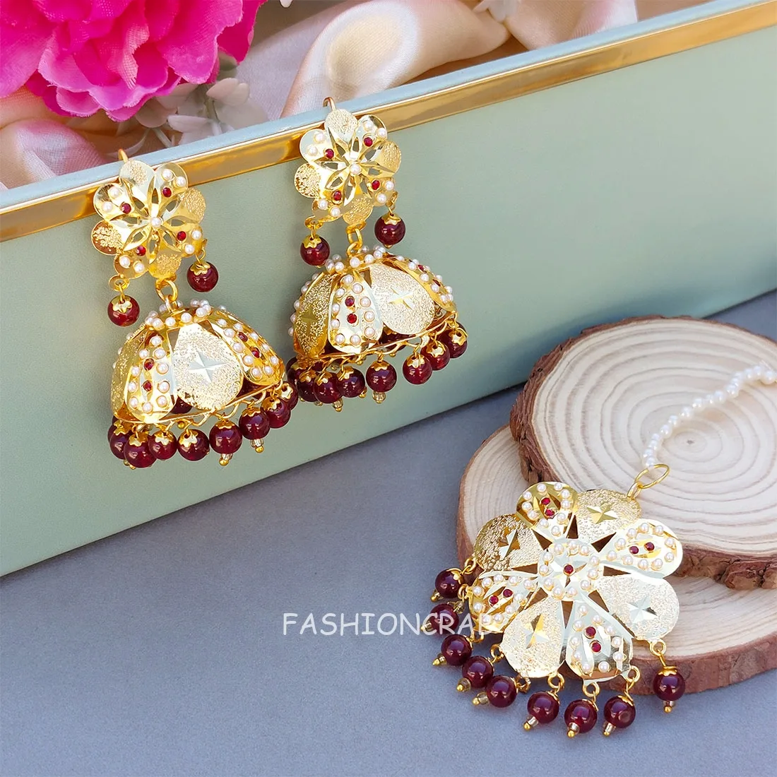 Jividha Jadau Earrings Maroon