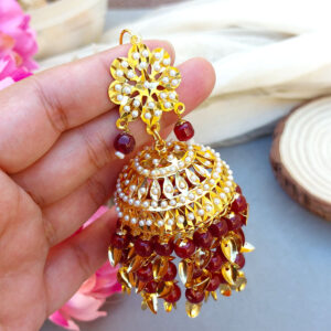 Maroon Heavy Jadau Jhumka Earrings for Punjabi Suit