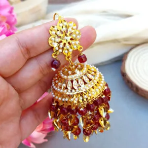 Maroon Heavy Jadau Jhumka Earrings for Punjabi Suit
