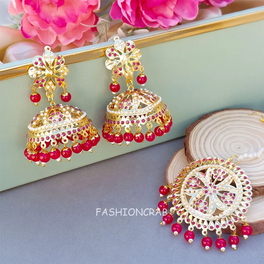 Noor Jadau Earrings Pink