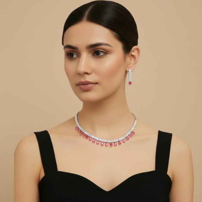 Riddhi Pink AD Necklace Set-08