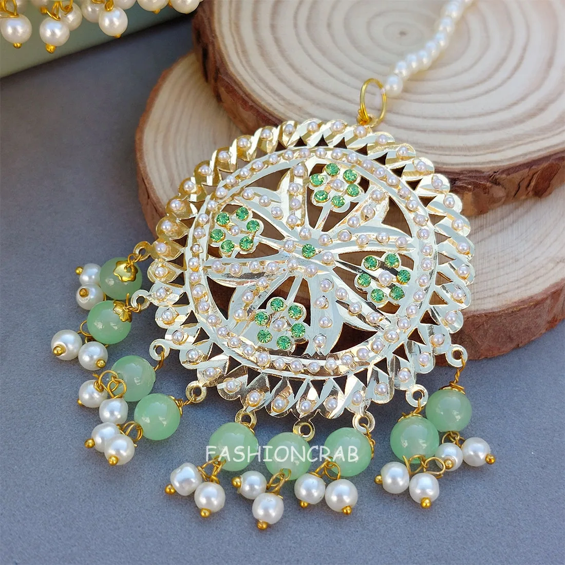 Tamanna Jadau Earrings with Maangtikka Pista Green