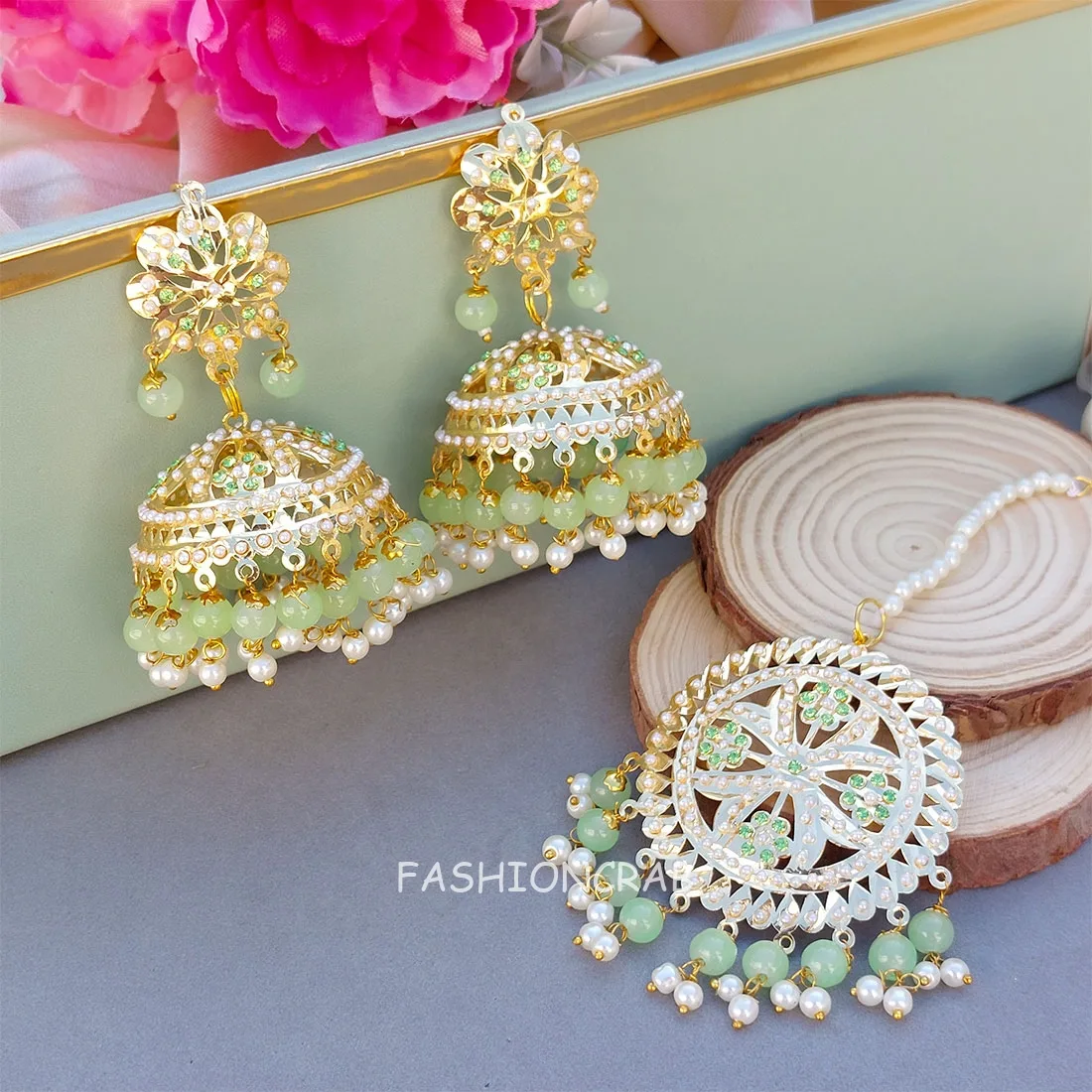 Tamanna Jadau Earrings with Maangtikka Pista Green