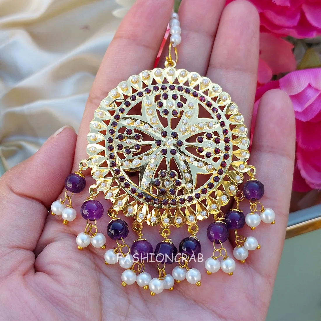 Tamanna Jadau Earrings with Maangtikka Purple