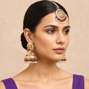 Tamanna Jadau Earrings with Maangtikka Purple