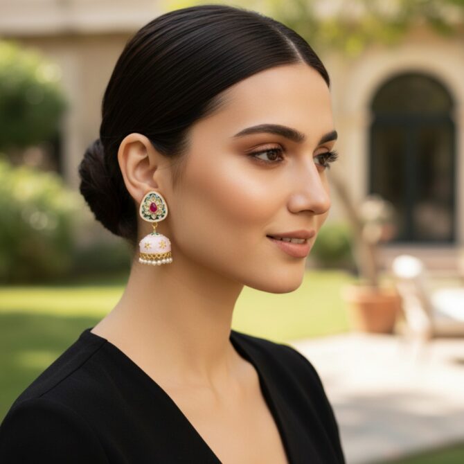 Vaanee Small Jhumka Earrings - Light Pink-04 Vaanee Small Jhumka Earrings - Light Pink