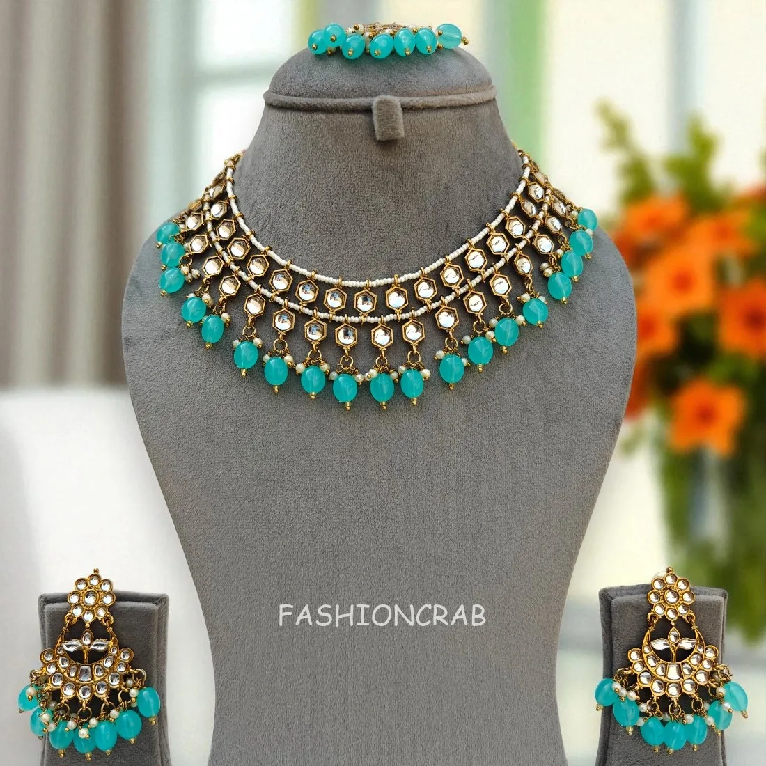 Blue Pearl Kundan Set for Anniversary Gift-07