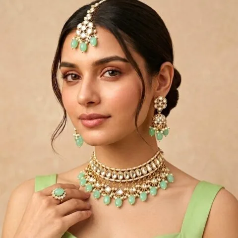 Katrina Kundan Jewellery Set - Pista Green