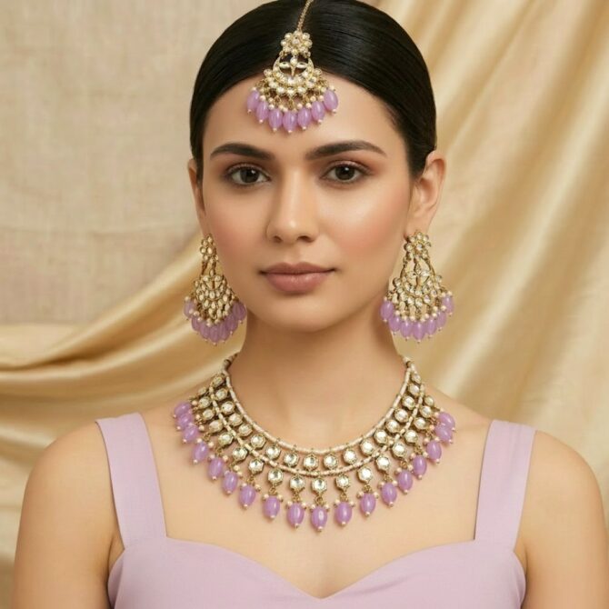 Light Purple Pearl Kundan Set for Anniversary Gift-07