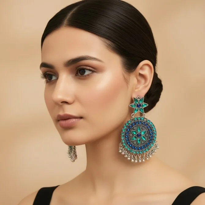 Oxidised Chandbali Earrings Blue Green Oxidised Chandbali Earrings Blue Green