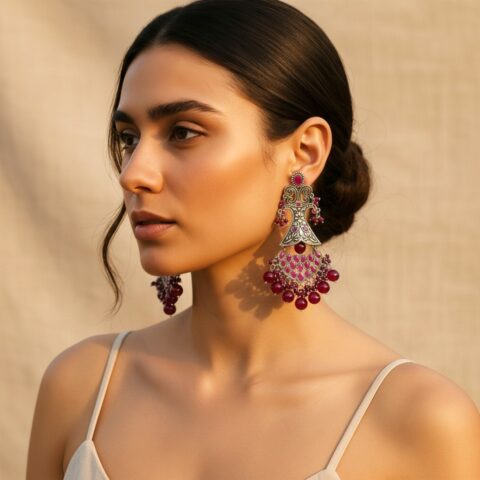 Pink Long Oxidised Earrings for Kitty Party